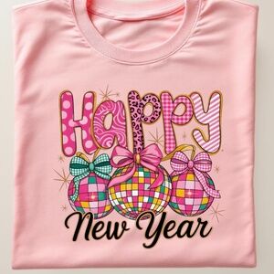 Happy New Year Pink Disco T-shirt long Sve Pink XXL-3XL New Checkers Polka dots
